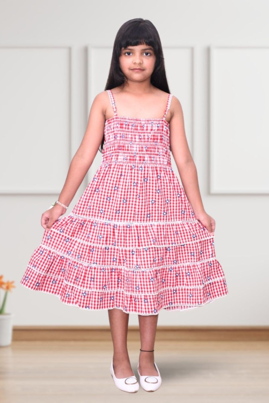 Marilla Red Checkered 3/4th Length Cotton Dress for Girls - Black & Gold