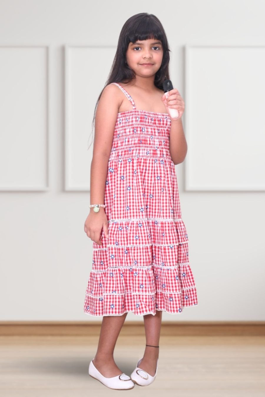 Marilla Red Checkered 3/4th Length Cotton Dress for Girls - Black & Gold