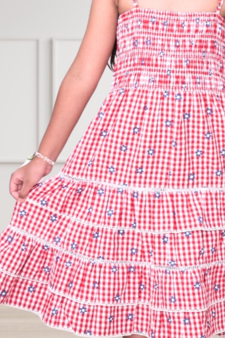 Marilla Red Checkered 3/4th Length Cotton Dress for Girls - Black & Gold