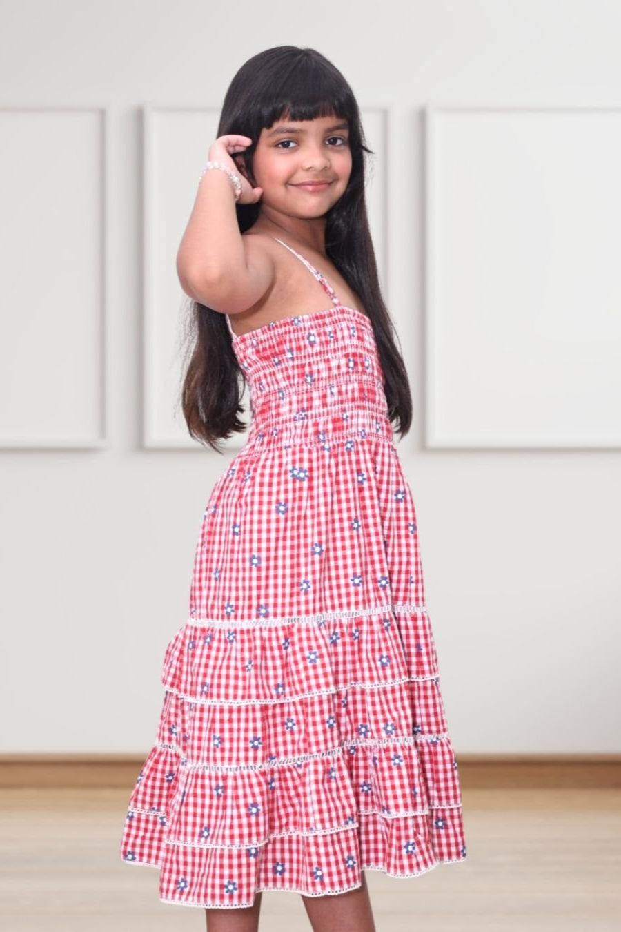 Marilla Red Checkered 3/4th Length Cotton Dress for Girls - Black & Gold
