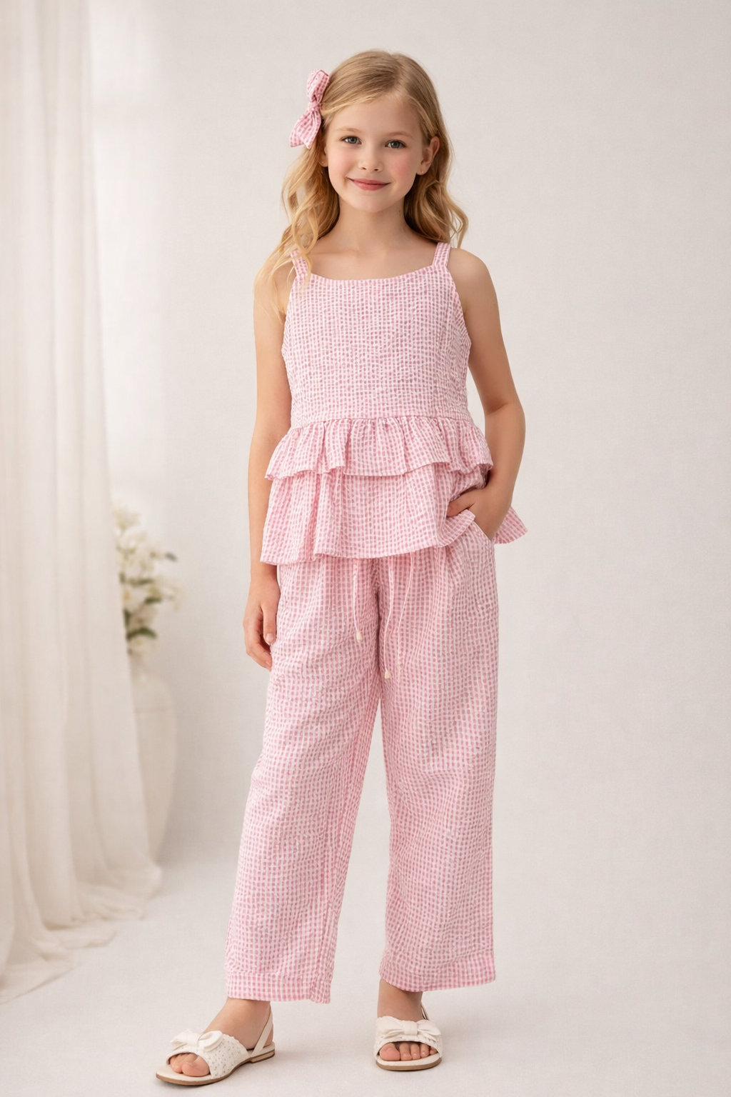 Seer Sucker Cotton Sleeveless Baby Pink Co-ord set for Girls