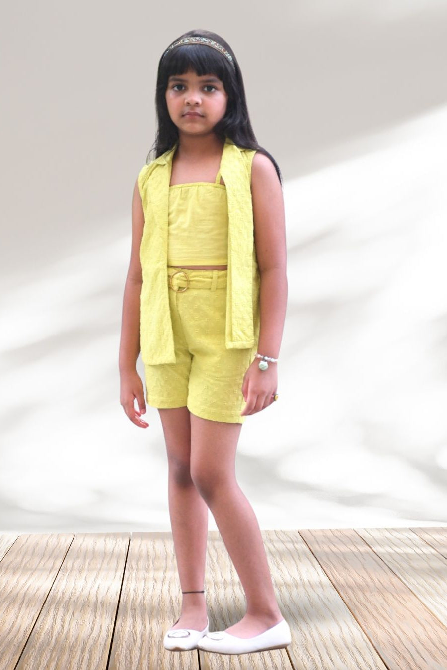 Poppy Cotton Lime 3 Pcs Co - ord Set for Girls - Black & Gold