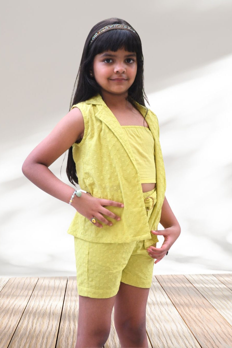 Poppy Cotton Lime 3 Pcs Co - ord Set for Girls - Black & Gold
