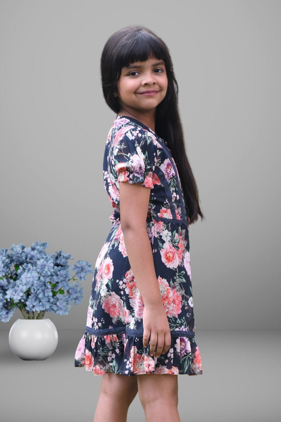 Rue Navy Floral A - Line Shirt Dress for Girls - Black & Gold
