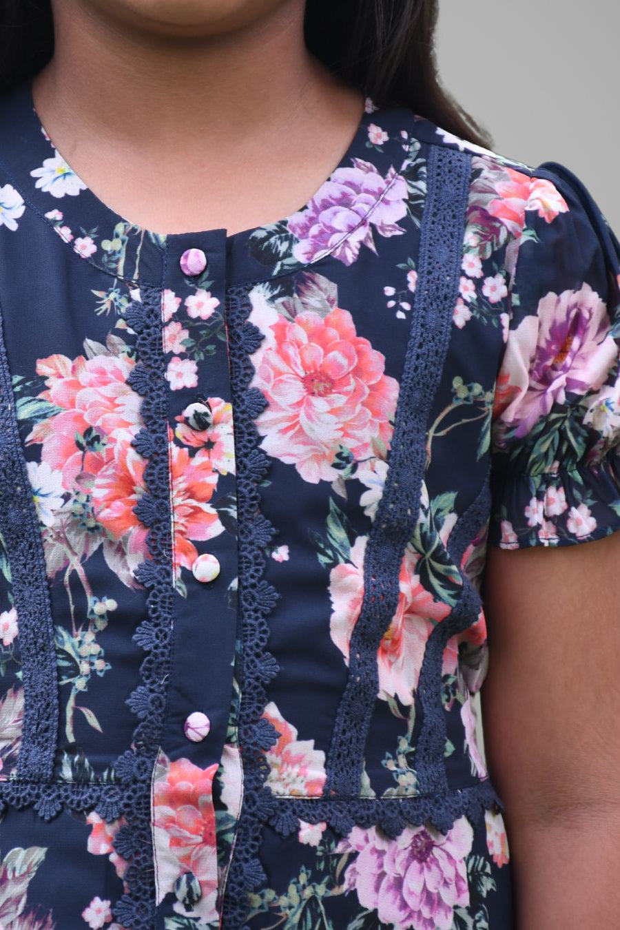 Rue Navy Floral A - Line Shirt Dress for Girls - Black & Gold