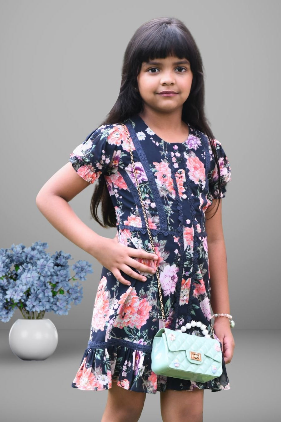 Rue Navy Floral A - Line Shirt Dress for Girls - Black & Gold