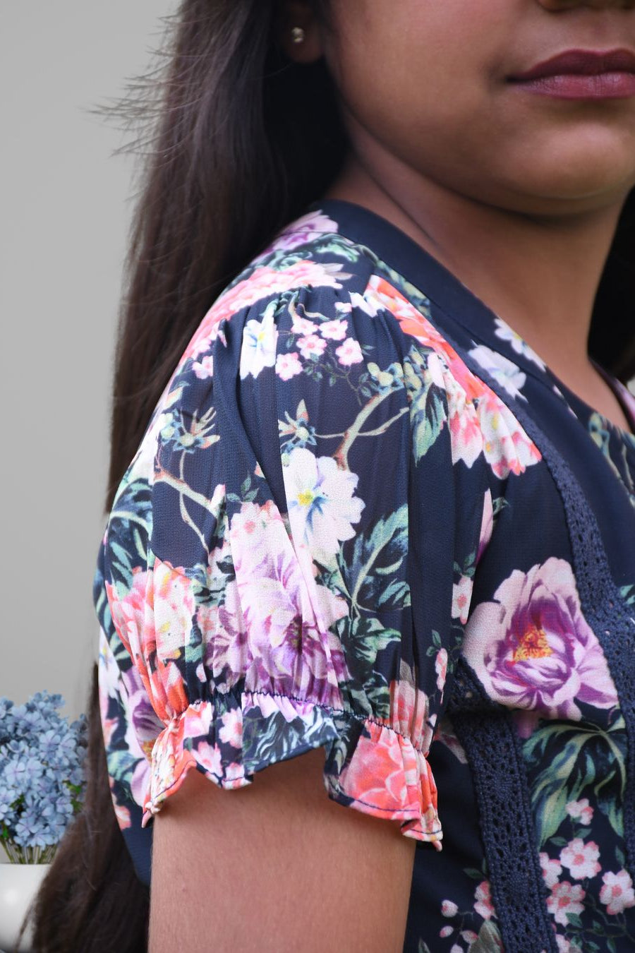Rue Navy Floral A - Line Shirt Dress for Girls - Black & Gold