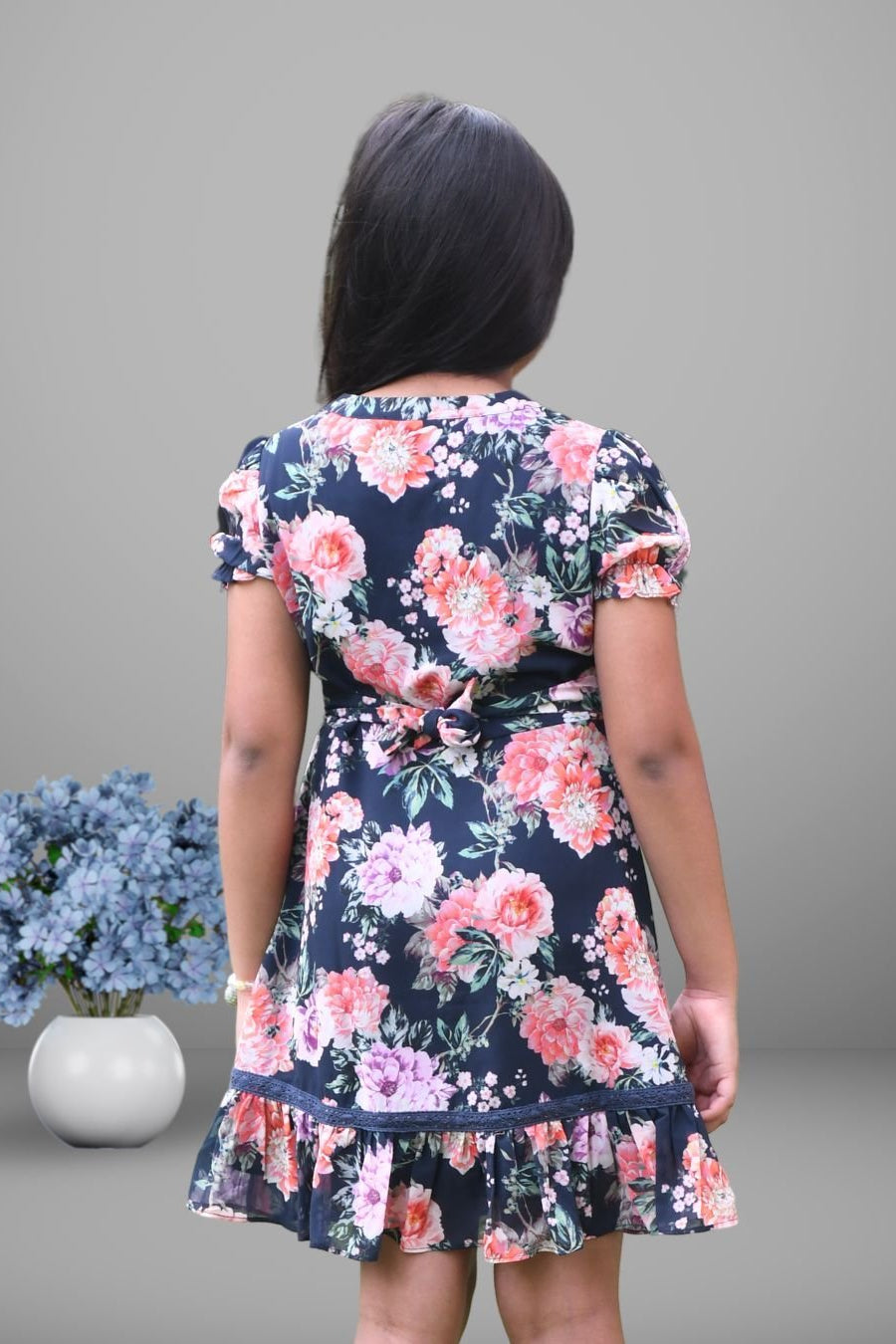 Rue Navy Floral A - Line Shirt Dress for Girls - Black & Gold