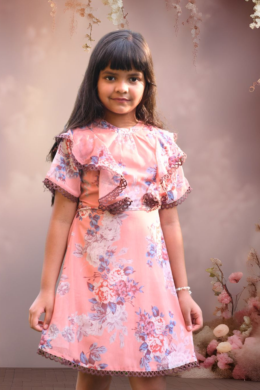 Sage Peach Floral Printed Ruffle Sleeves A - line Dress for Girls - Black & Gold