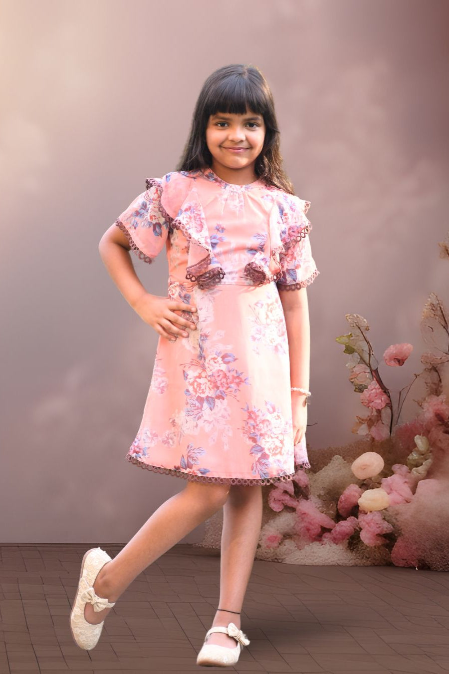Sage Peach Floral Printed Ruffle Sleeves A - line Dress for Girls - Black & Gold