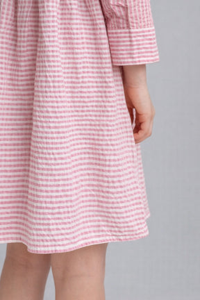 Pink White Collared Lining Front Open 3/4th Sleeves Shirt Dress for Kids Girls