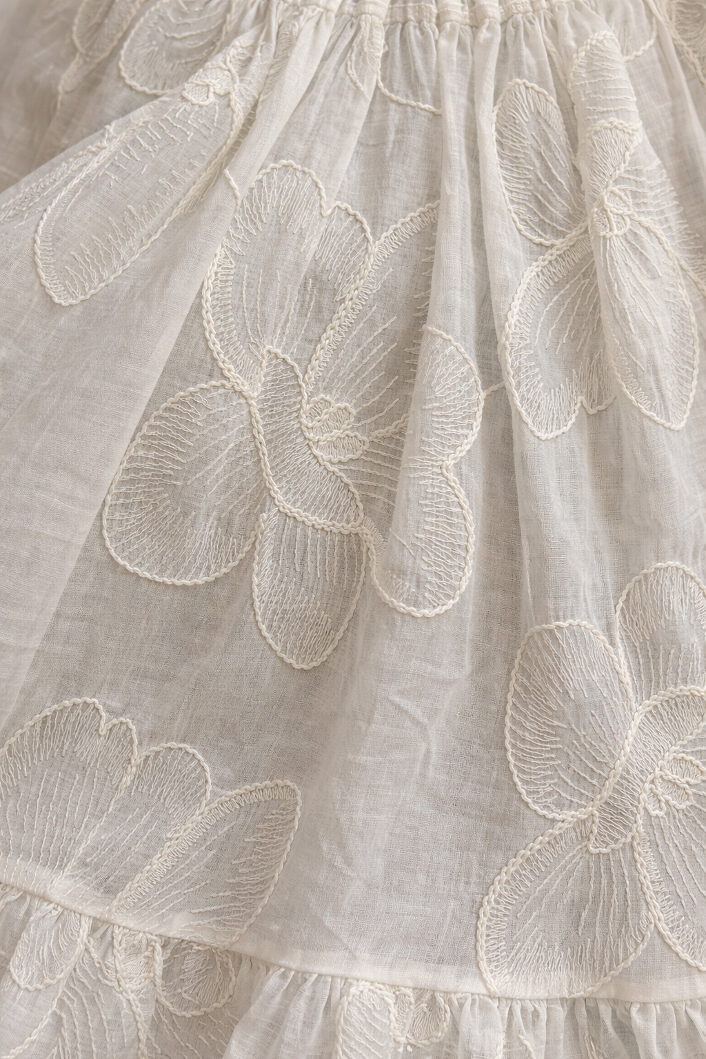 Natural blended White Floral Embroidery A-line Dress for Girls