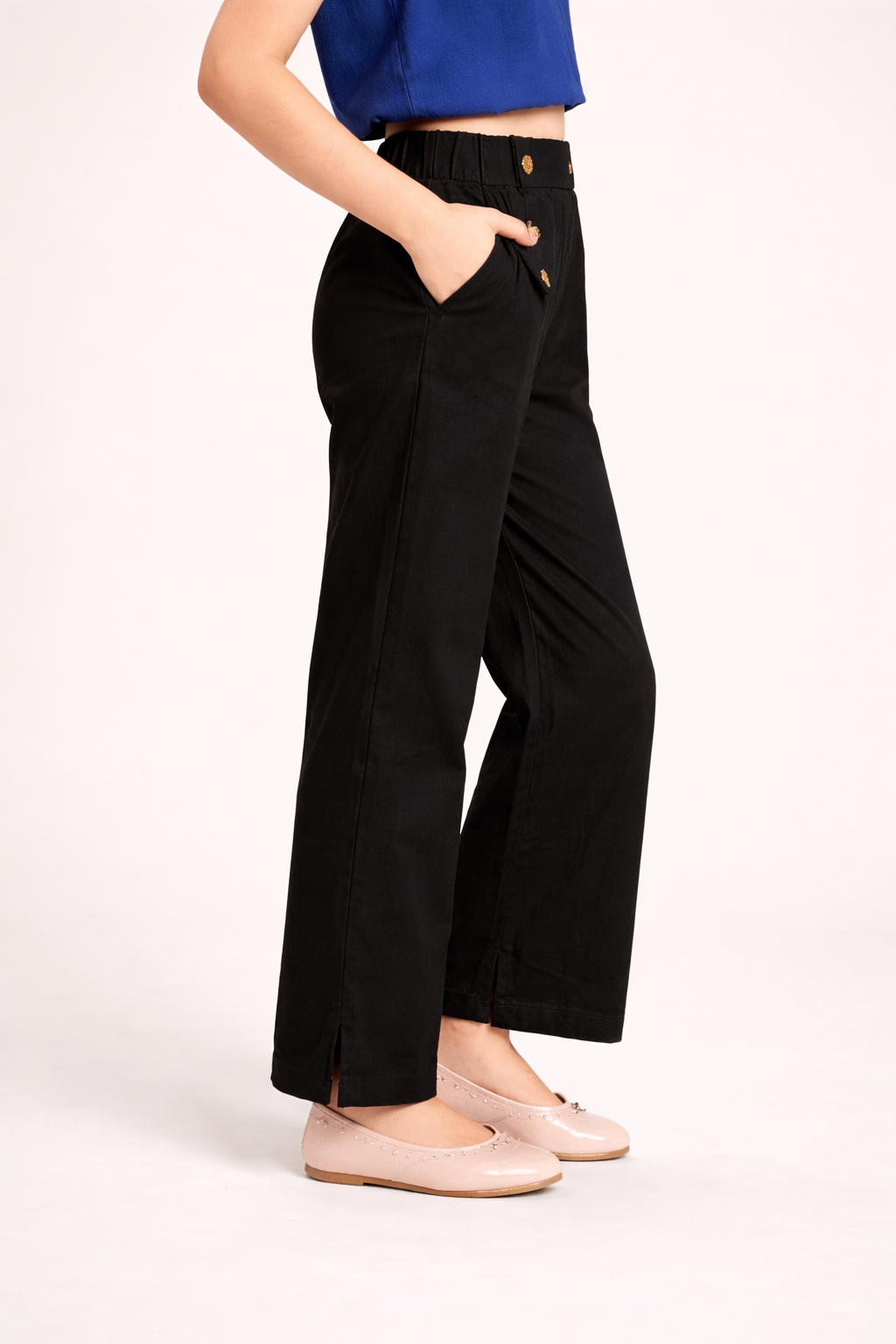 Stylish Black Trousers with Gold Button Details for Girls