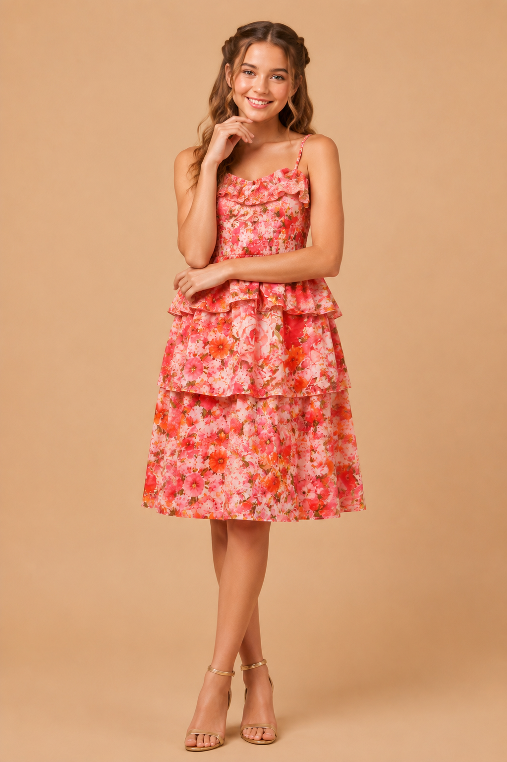 Orange Floral Printed Fit and Flare A line Midi Dress for Kids Girls