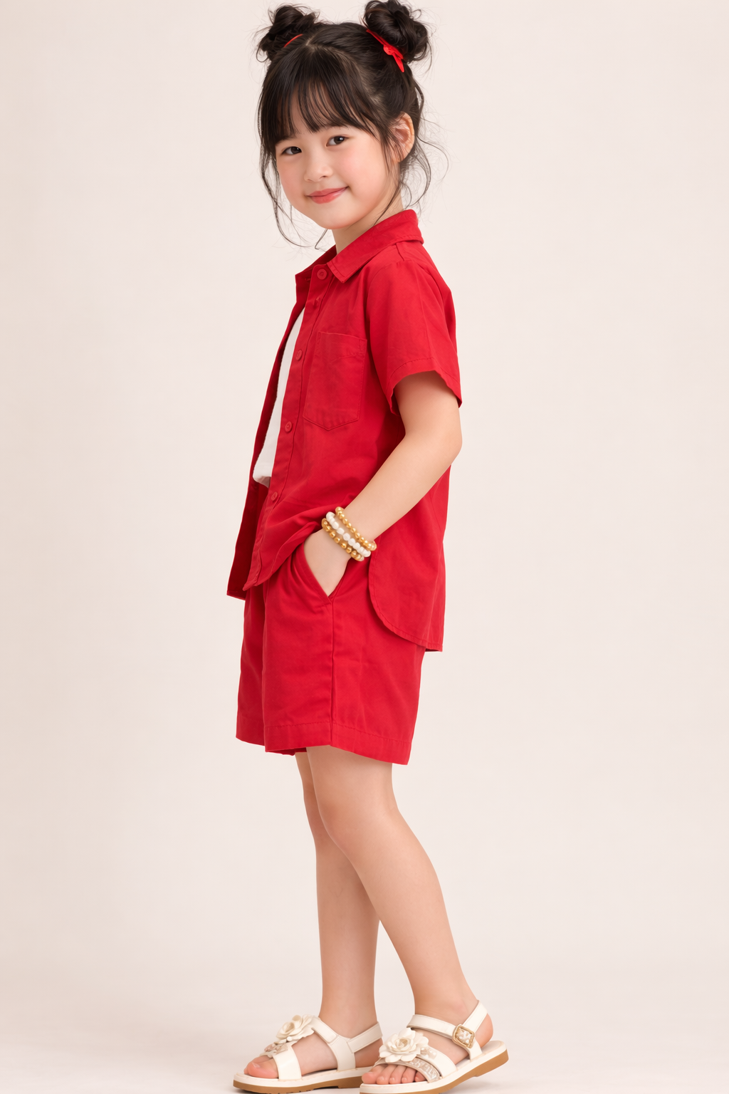 Half Sleeves Plain Bright Red Pure Cotton Shirt & Short Co-ord Set for Kids Girls