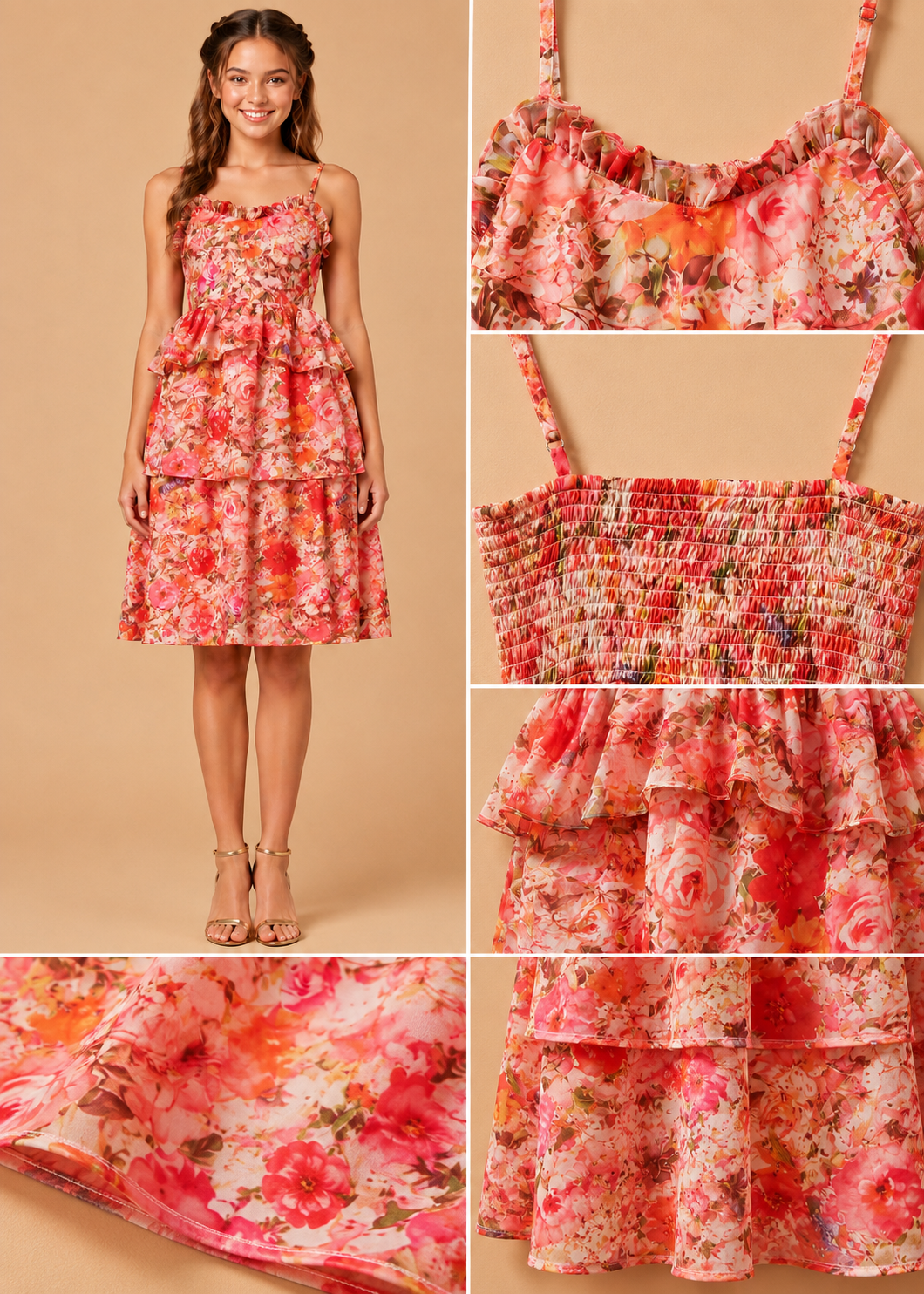 Orange Floral Printed Fit and Flare A line Midi Dress for Kids Girls