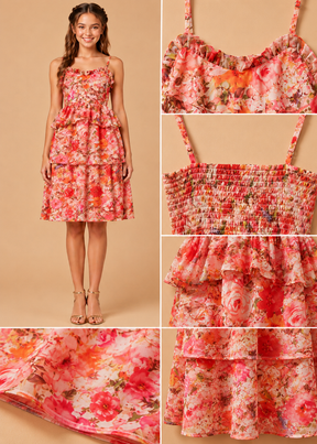 Orange Floral Printed Fit and Flare A line Midi Dress for Kids Girls