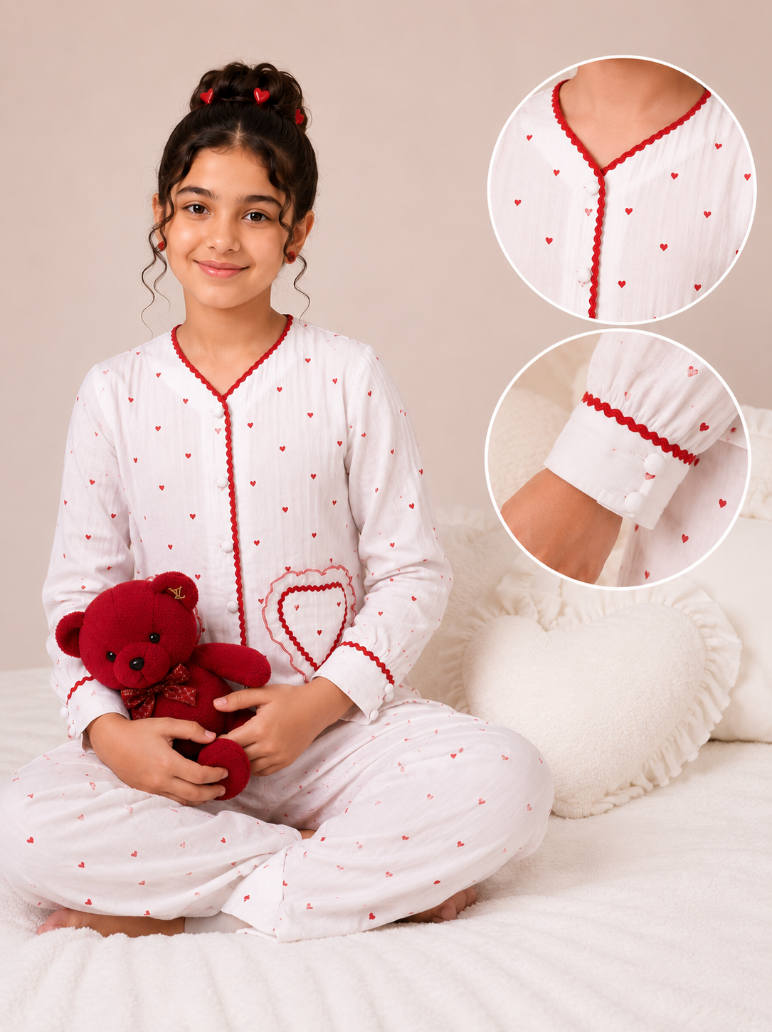 Girls White Heart Print Full Sleeve Night Suit