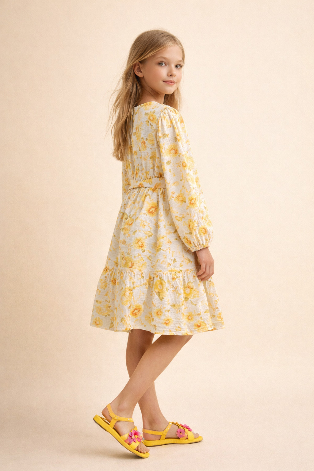 Natural Blend Fullsleeves Yellow Floral Printed Dress for Girls