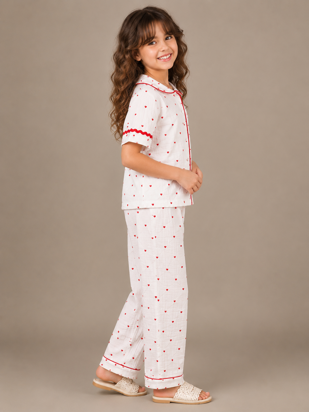 Girls White Heart Print Wide-Leg Co-Ord Set