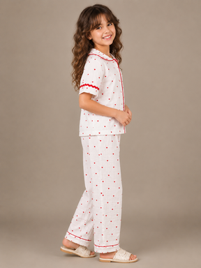 Girls White Heart Print Wide-Leg Co-Ord Set