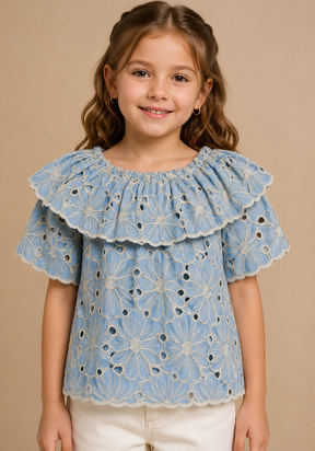 Round Neck Sky Blue Floral Schiffli Half Sleeve Top for Kids Girl