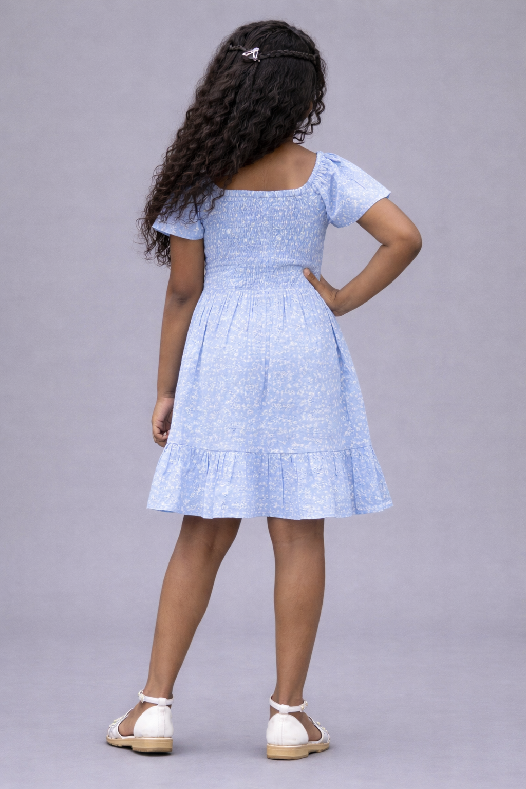 Blue Boat Neck Blossom Chic A-line Dress for girls in Cotton Schiffli
