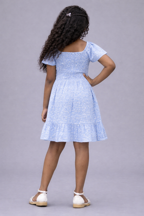 Blue Boat Neck Blossom Chic A-line Dress for girls in Cotton Schiffli