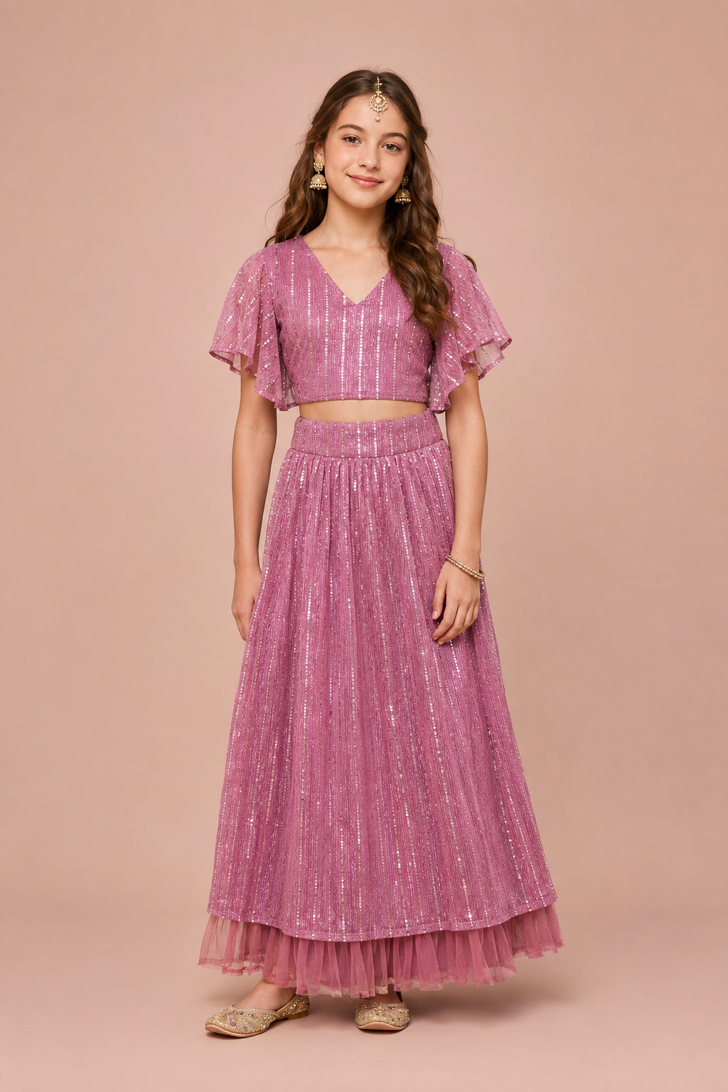 Pink Traditional Lehenga Set with polyester lining for Girls