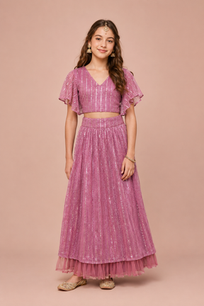 Pink Traditional Lehenga Set with polyester lining for Girls