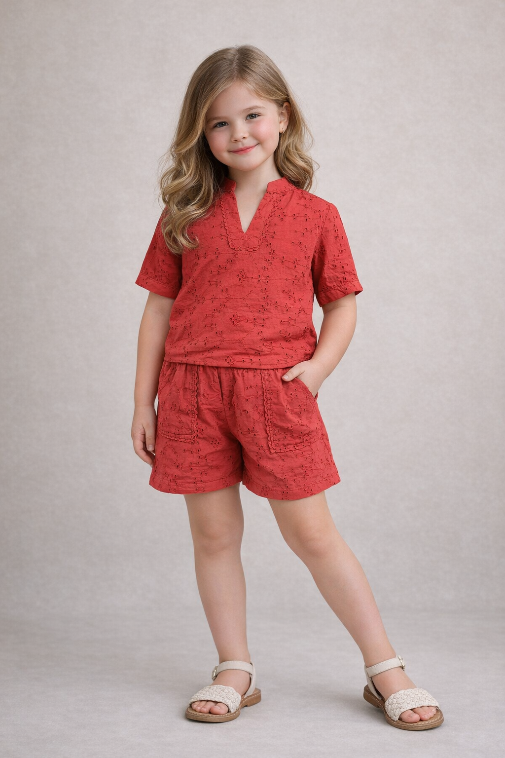 Rust Brown Half sleeve co-ordinate made in Floral Schiffli Cotton for kids