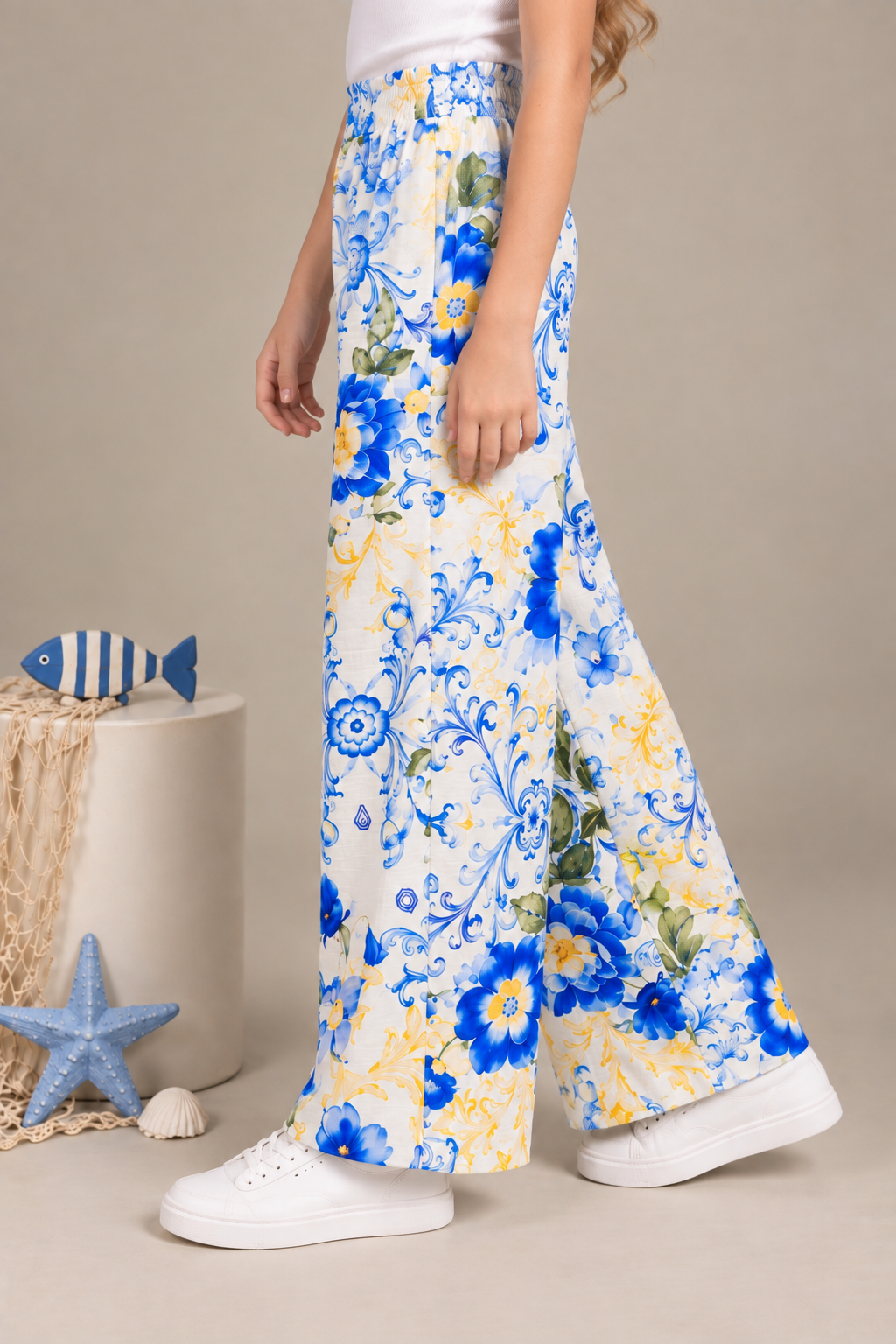 Blue & Yellow Floral Printed Relaxed-Fit Pants for Girls