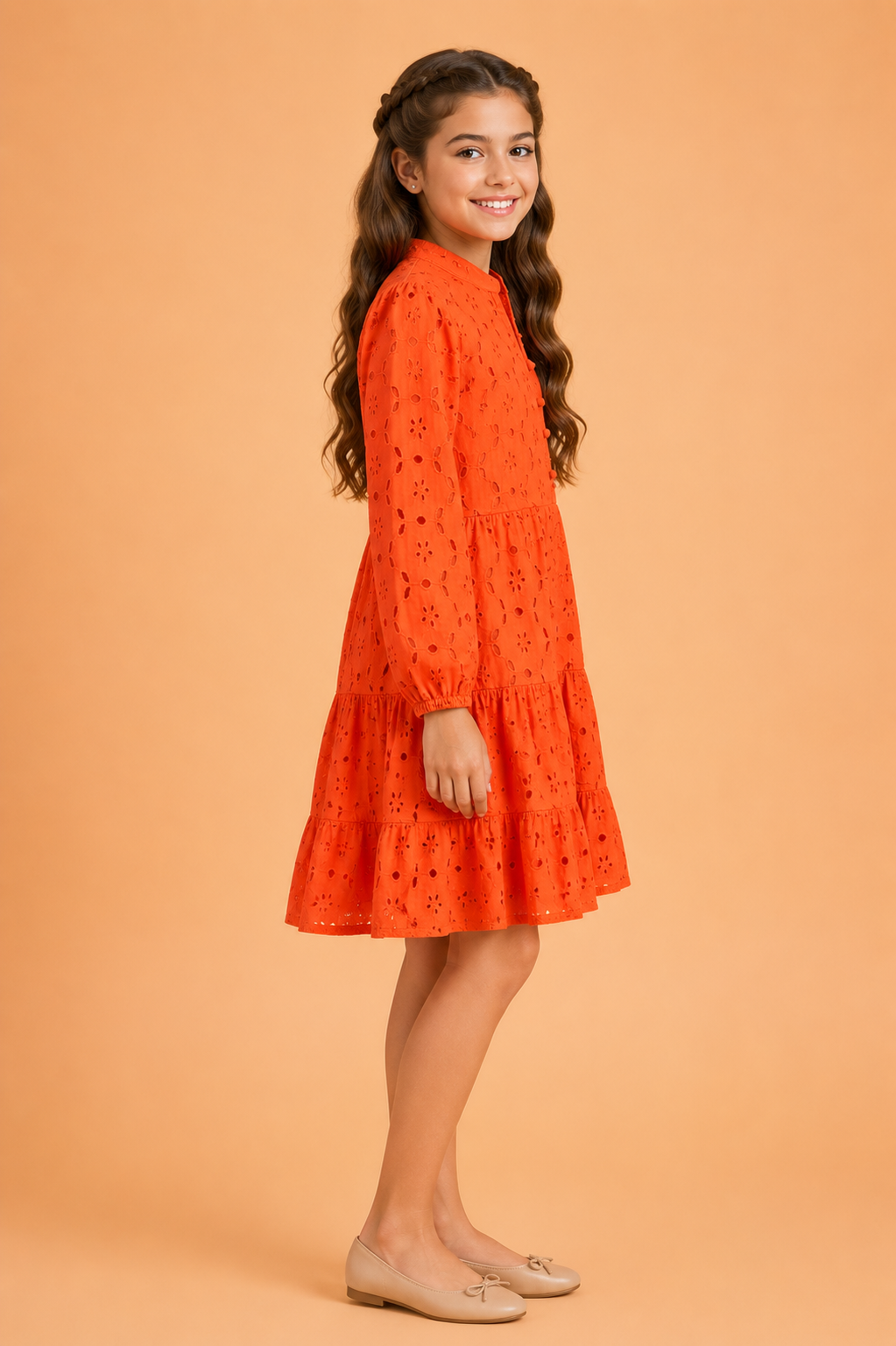 Girls Orange Eyelet Embroidered Tiered Dress