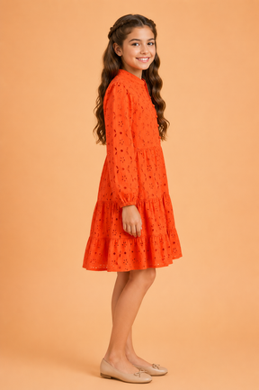 Girls Orange Eyelet Embroidered Tiered Dress