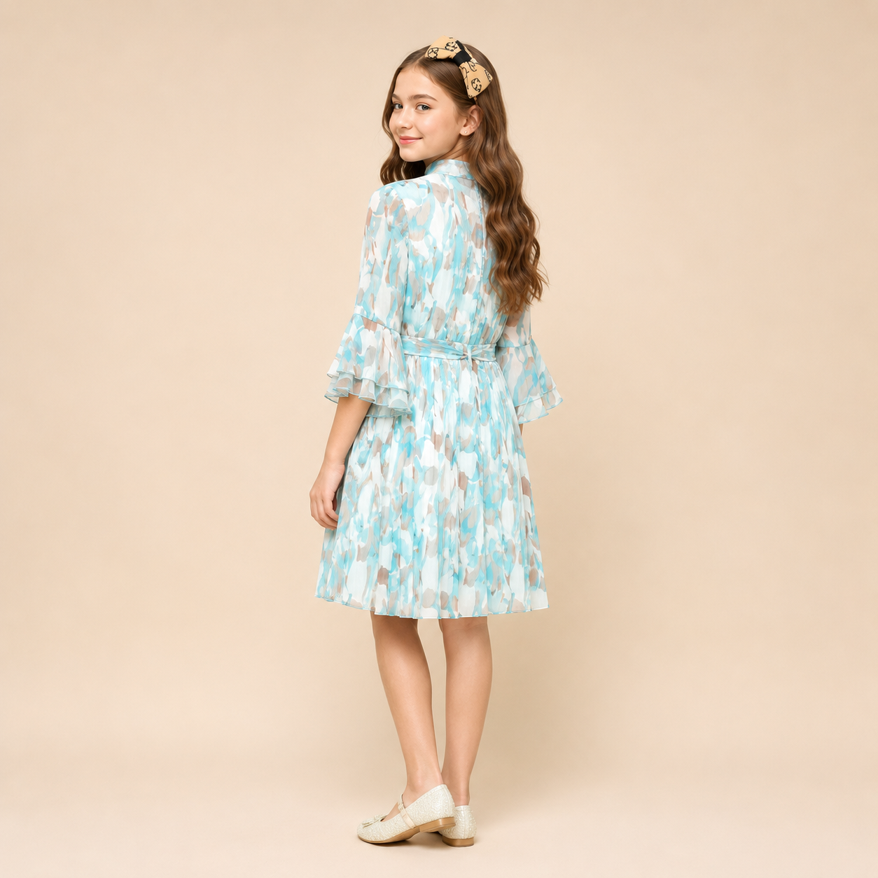 A-line Blue and White Clover Printed Girl Dress.