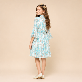 A-line Blue and White Clover Printed Girl Dress.