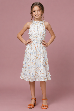 Daisy Dream Light Blue Floral Printed A-Line Dress in Georgette with Cotton Lining  for Girl