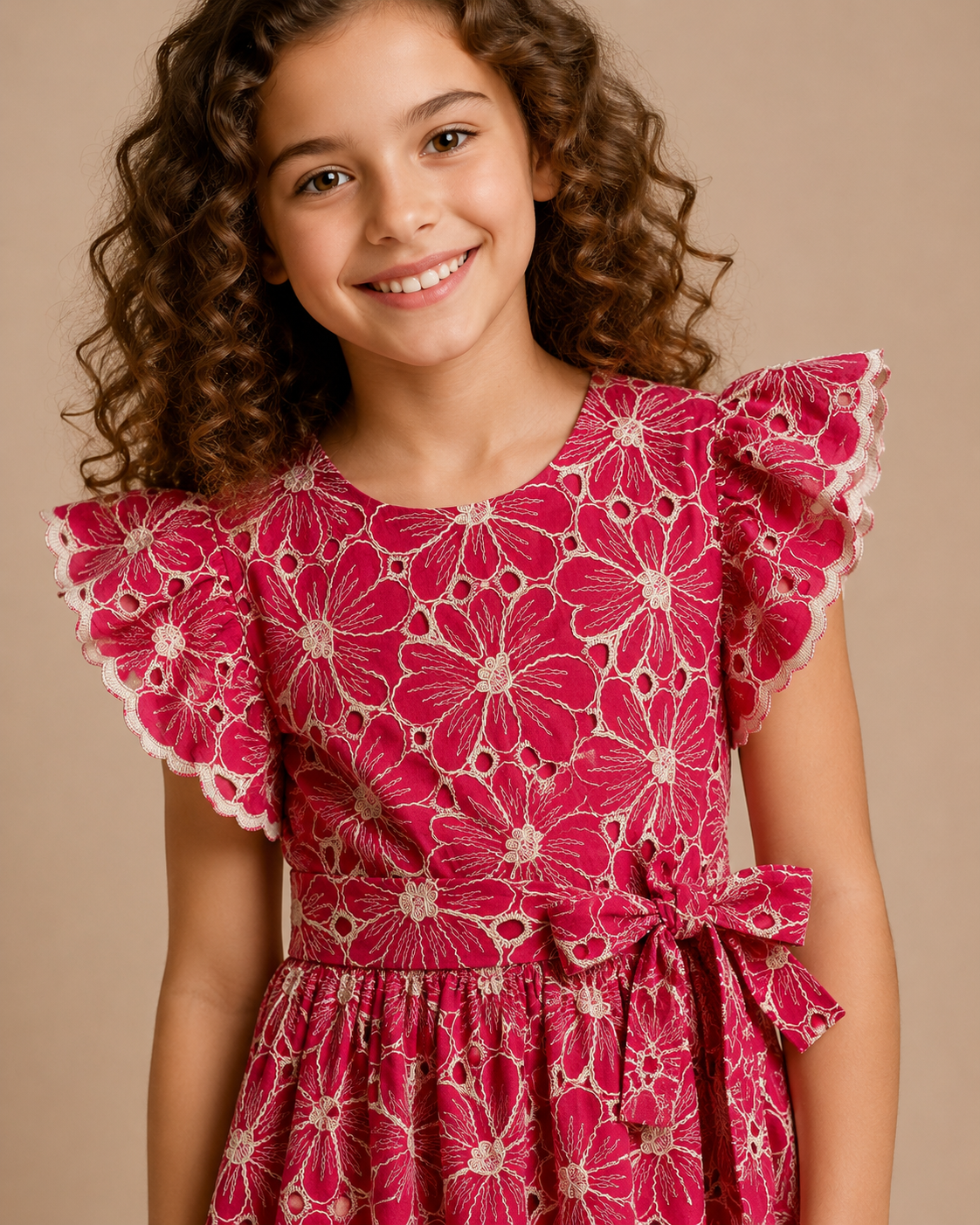 Floral Embroidery Pure Cotton Raspberry Pink For Kids Girl