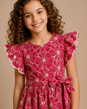 Floral Embroidery Pure Cotton Raspberry Pink For Kids Girl
