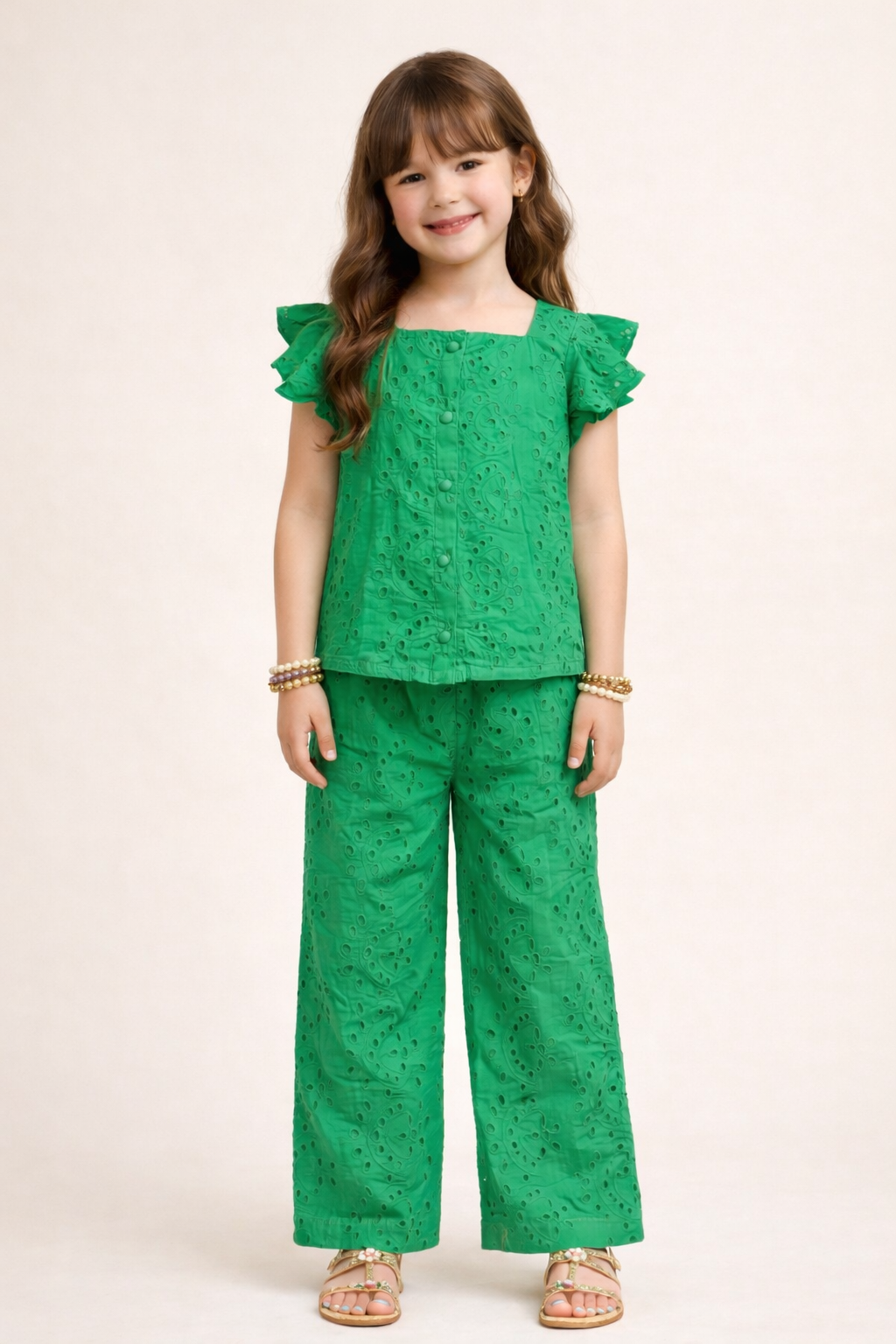 Bright Green Floral Schiffli Co-ord Set for Girls