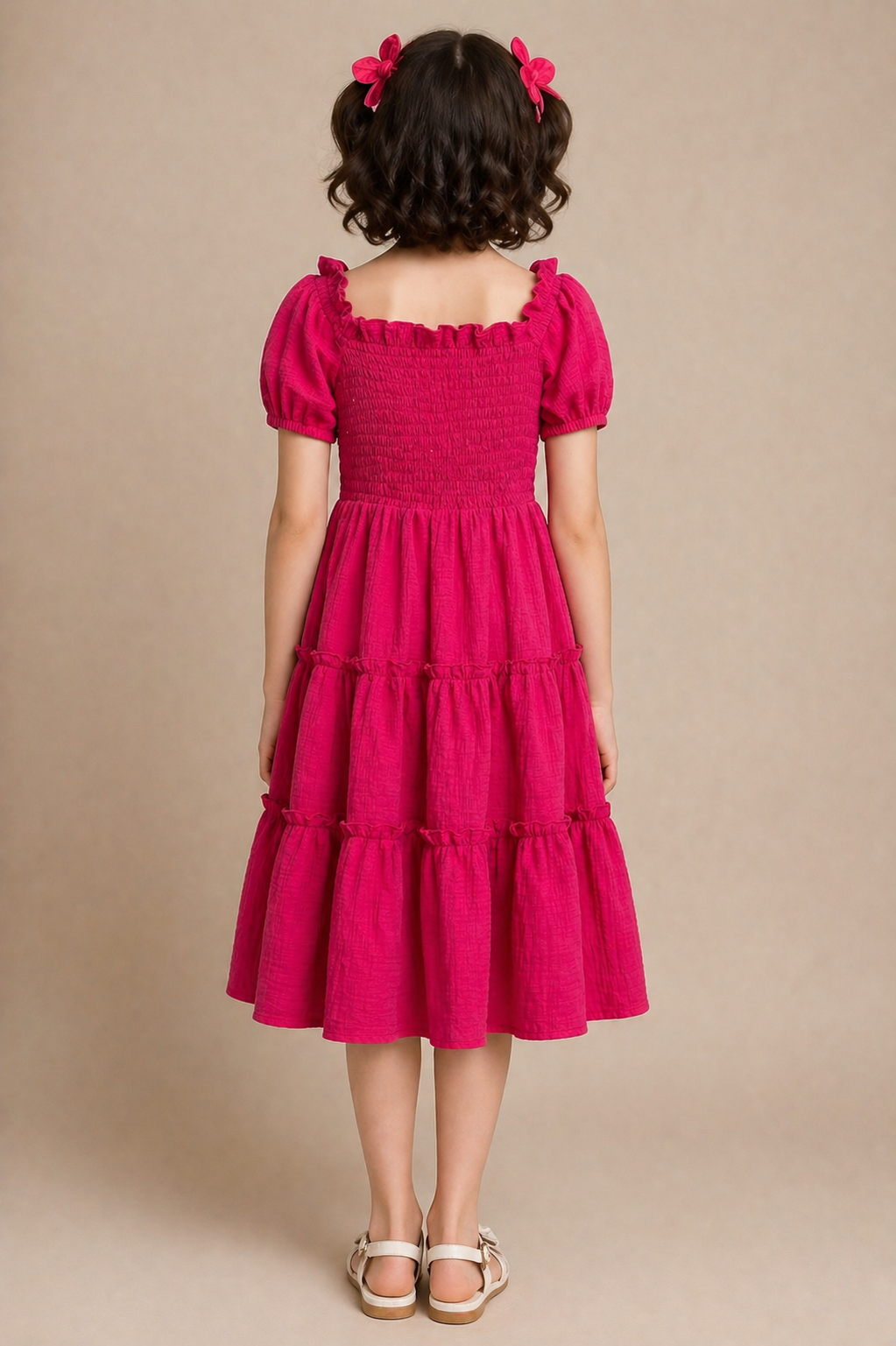 Hand worked Beads on Pure Cotton Hot Pink Textured Dress for Kids Girls