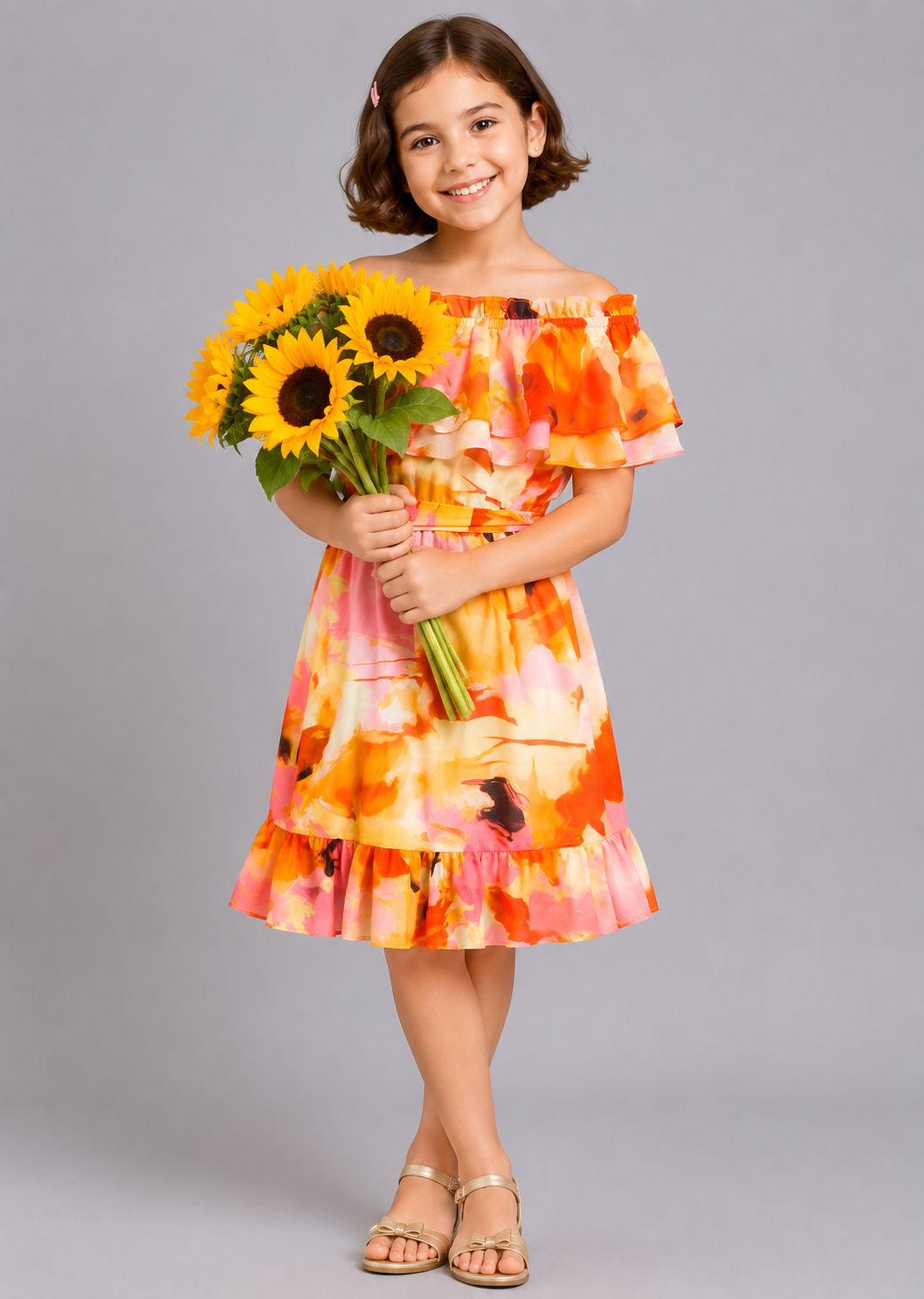 Girls Floral Off-Shoulder Ruffle Dress
