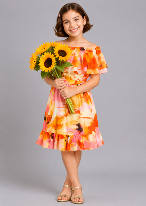 Girls Floral Off-Shoulder Ruffle Dress