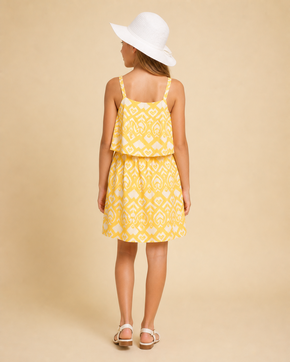 Wisteria Spegetti Casual Viscose Cotton Yellow Abstract Printed Dress for Girls