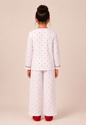 Girls White Heart Print Full Sleeve Night Suit