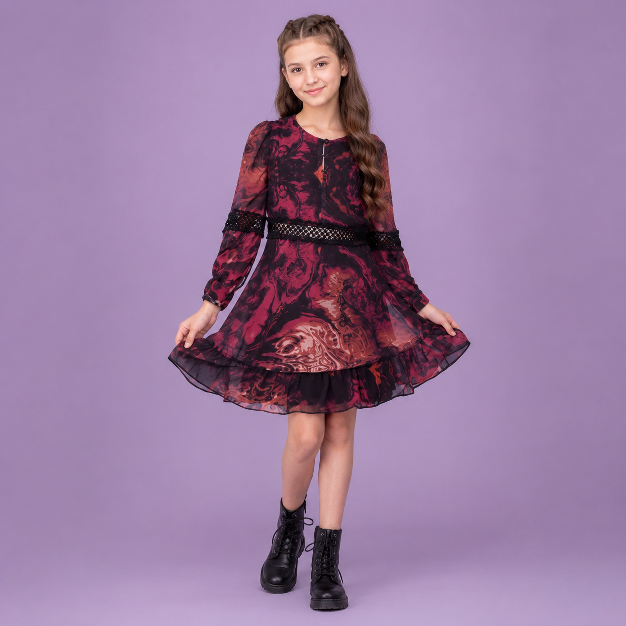 Digitally Printed A-Line Dress with Front Key Hole for Girls