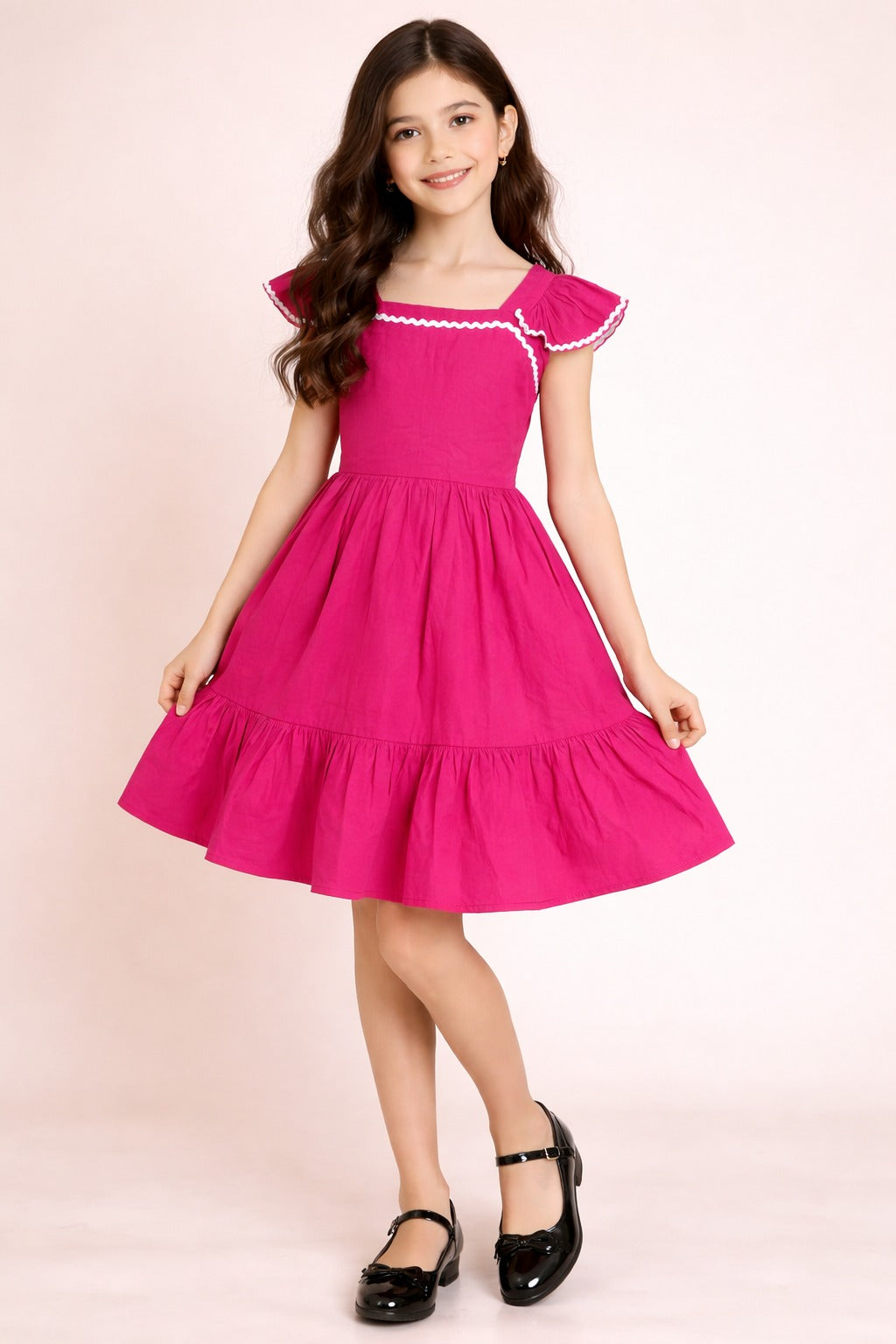 Pure Cotton Fuchsia Sleeveless A-line Frock Dress for Girls