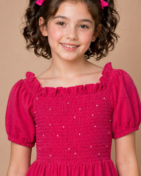 Hand worked Beads on Pure Cotton Hot Pink Textured Dress for Kids Girls