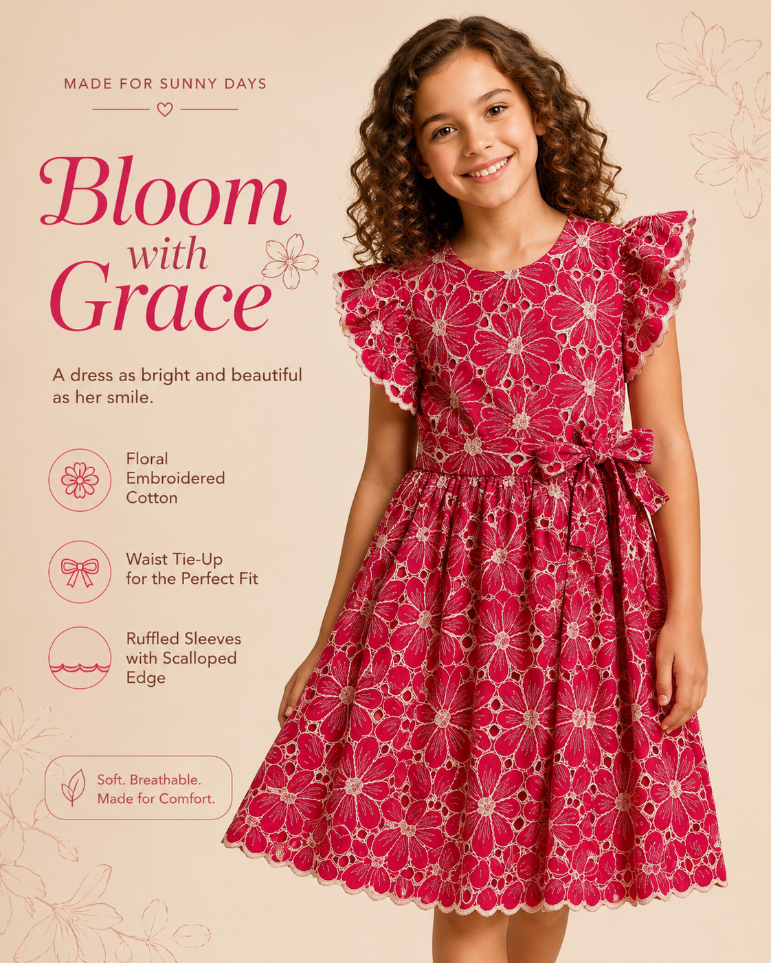 Floral Embroidery Pure Cotton Raspberry Pink For Kids Girl