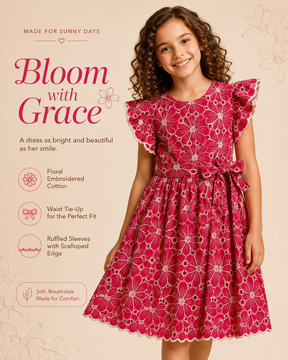 Floral Embroidery Pure Cotton Raspberry Pink For Kids Girl